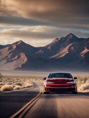 Fototapeta na wymiar Red Car Driving Down Desert Road, Scenic Journey Through Arid Landscape. Generative AI.
