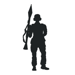 Isolated silhouette of a soldier with a rocket launcher. Drawing of a grenader with a weapon. Veteran with anti-tank missile gun