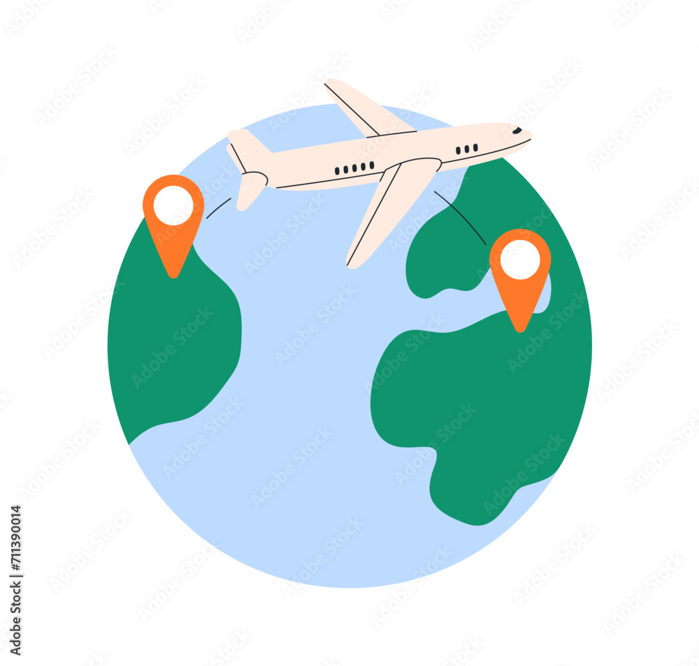 Poster air plane travels to destination point. airplane route, flight navigation, tourism concept. aircraft