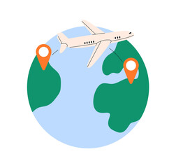 Air plane travels to destination point. Airplane route, flight navigation, tourism concept. Aircraft on way, path over globe with pin pointers. Flat vector illustration isolated on white background © Good Studio