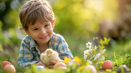 A smiling young boy enjoys the company of a fluffy chick with colorful Easter eggs in a sunny garden - obrazy, fototapety, plakaty
