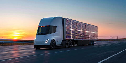 Eco-friendly, solar-powered trucks for cargo transportation - obrazy, fototapety, plakaty