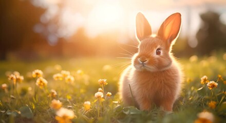 A cute brown rabbit in a sunny field with dandelions. - Powered by Adobe