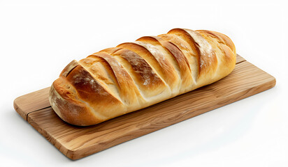 Fresh bread on the wooden bread board. Food photography. Isolated Illustration on white background.	