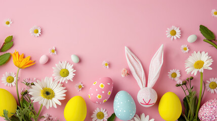 Easter composition with easter eggs with playful bunny ears amid a spread of fresh spring flowers on a soft pink background. Easter card with copy space