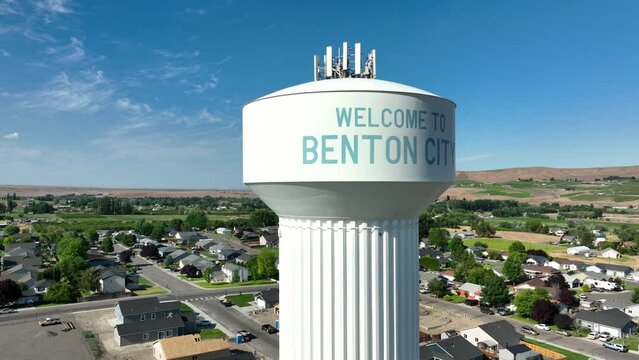 Drone shot of a water tower and cell tower combo in Benton City.