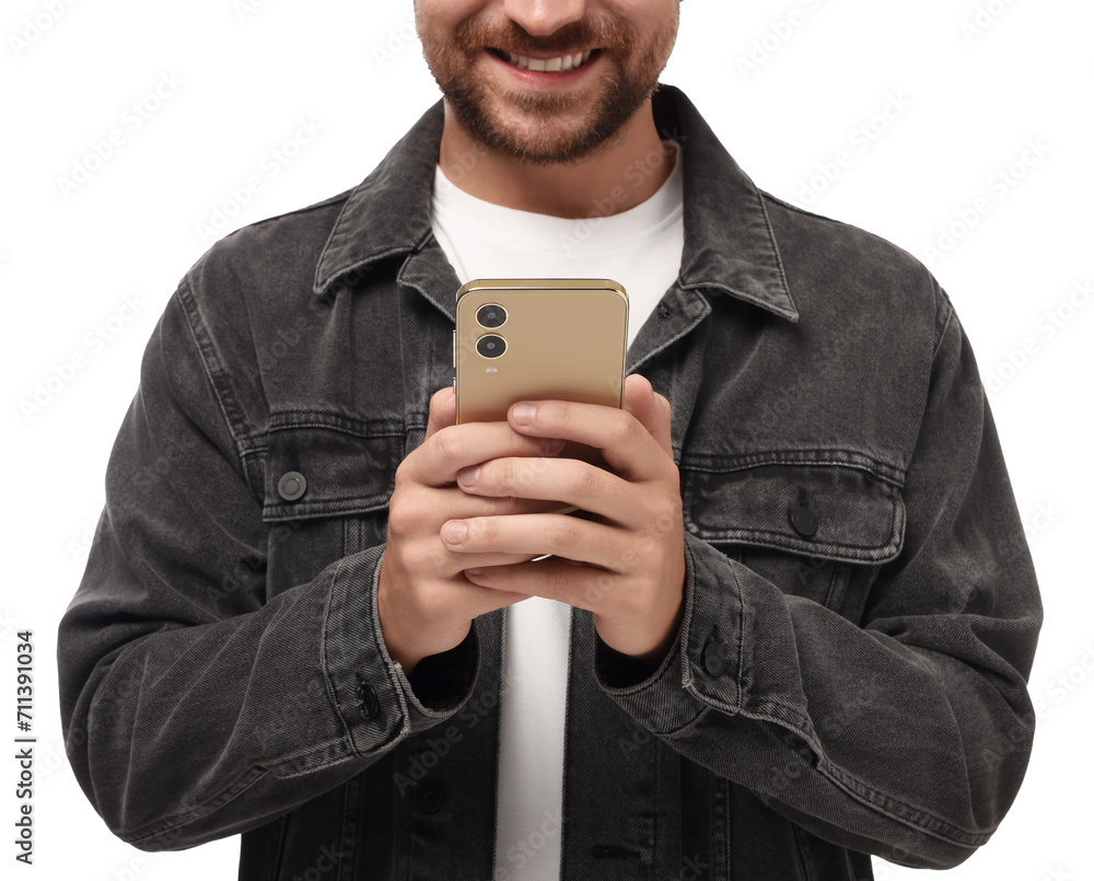 Poster man sending message via smartphone on white background, closeup