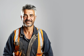 Happy construction worker on clean background. Generative ai design. - obrazy, fototapety, plakaty