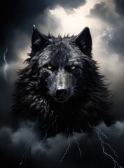a black wolf is staring at the camera in a dark and spooky jungle with lightning
