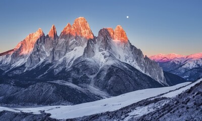 Sunset Alpenglow on Snowy Mountain Peaks with Moon