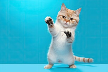 a cat is waving his paws on a blue background