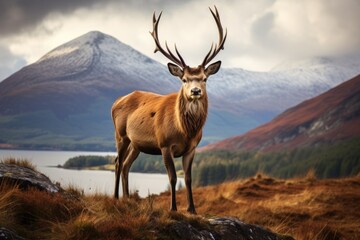 a deer standing on a brown hill next to some mountains with the view of sky and clouds