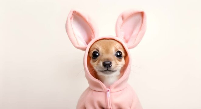 A small dog wearing a pink bunny-eared hoodie against a white background.