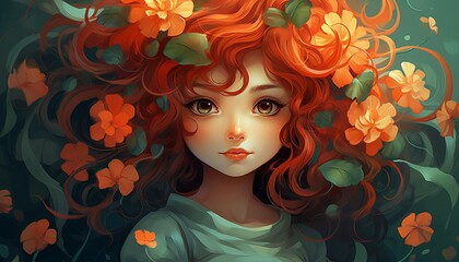 Vibrant and colorful psychedelic spring poster with a cute girl character in the foreground