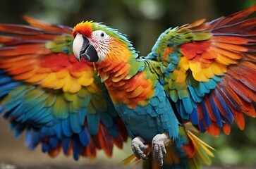 Obraz premium Beautiful colourful parrot over tropical background. AI generated
