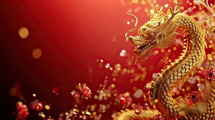 Fototapeta premium Majestic Chinese Dragon in Vibrant New Year Setting. 2024, Chinese Loong year, spring festival illustration with copy space .