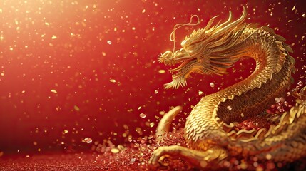 Fototapeta premium Majestic Chinese Dragon in Vibrant New Year Setting. 2024, Chinese Loong year, spring festival illustration with copy space .