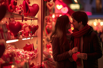 A captivating Valentine's Day scene of a couple engaged in a tender, affectionate moment while shopping for heart shaped gifts, all set against a backdrop of warm, romantic lighting.