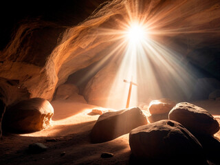 Cross in the cave with rays of light shining through the rocks.
