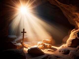 Cross and rocks in the cave with sun rays and lens flare. - obrazy, fototapety, plakaty