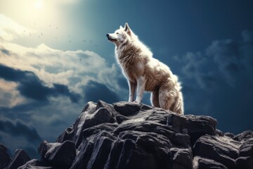 a white wolf standing on a rock in the night with the view of clouds and moon