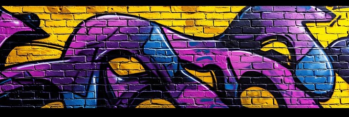 Graffiti background on a brick wall, black yellow purple. Banner