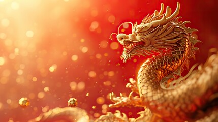 Fototapeta premium Majestic Chinese Dragon in Vibrant New Year Setting. 2024, Chinese Loong year, spring festival illustration with copy space .