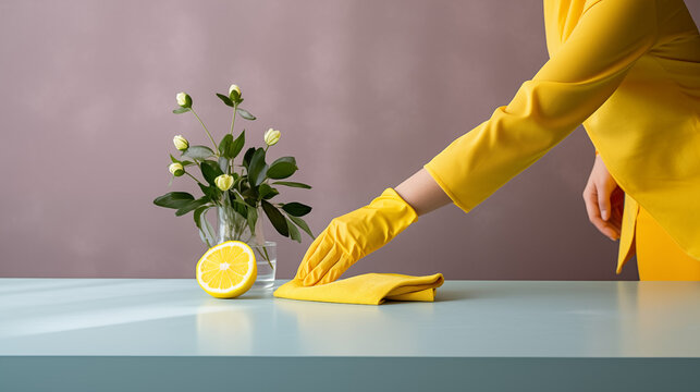 a woman's  hand in a yellow seal with a cloth