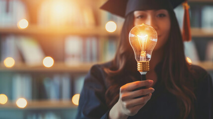 College student girl showing a light bulb for education, E-learning graduate certificate and business concept, woman with graduation regalia hat for creative thinking idea and human development - obrazy, fototapety, plakaty