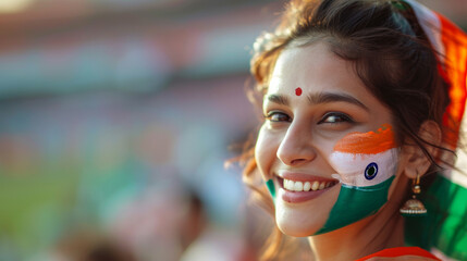 Happy Indian woman supporter with face painted in India flag colors, green white and orange, female fan at a sports event such as cricket or field hockey match, blurry stadium background, copy space