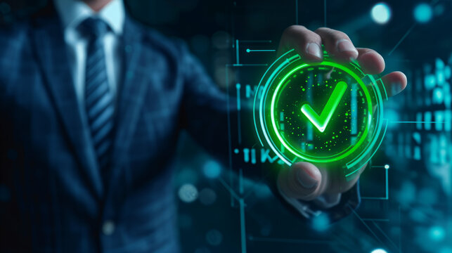 Green check mark for compliance, certification or audit concept with a business man holding a digital hologram of green compliance tick symbol