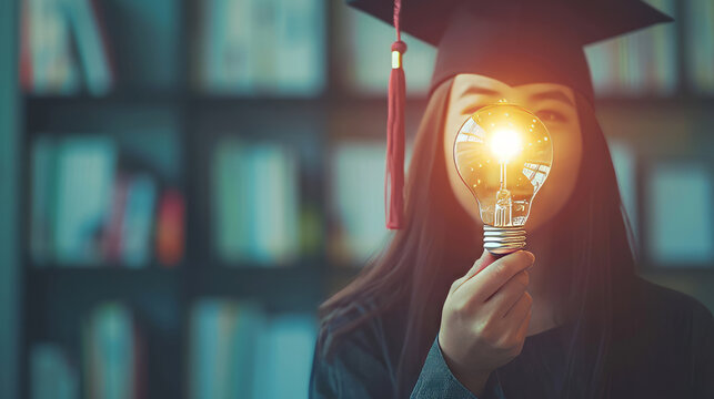 College student girl showing a light bulb for education, E-learning graduate certificate and business concept, woman with graduation regalia hat for creative thinking idea and human development