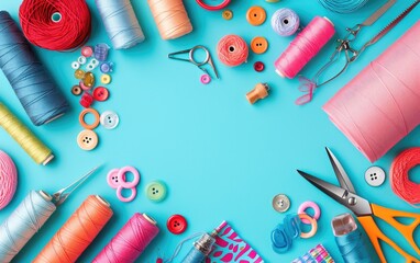 Set of threads, buttons, scissors, fabric and sewing accessories on a pastel color background, flat lay with space for copy - Powered by Adobe