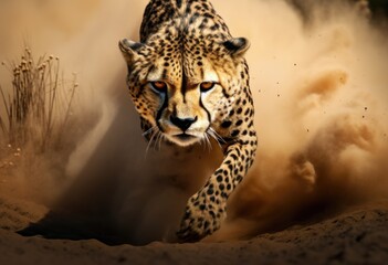 a cheetah running in sand in the style of intense