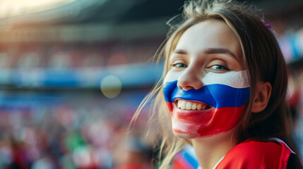 Happy Russian woman supporter with face painted in Russia flag colors, white blue and red, Russian...