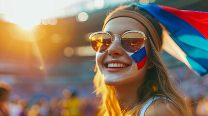 Happy Russian woman supporter with face painted in Russia flag colors, white blue and red, Russian fan at a sports event such as football or rugby match, blurry stadium background, copy space