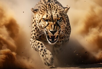 a cheetah running in sand in the style of intense