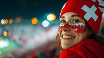 Happy Swiss woman supporter with face painted in Switzerland flag colors, white and red, Swiss fan at a sports event such as football or rugby match, blurry stadium background, copy space