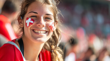 Happy Swiss woman supporter with face painted in Switzerland flag colors, white and red, Swiss fan at a sports event such as football or rugby match, blurry stadium background, copy space - obrazy, fototapety, plakaty