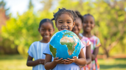 International day of peace concept with African Children holding earth globe. Group of African children holding planet earth over blurry nature background with copy space