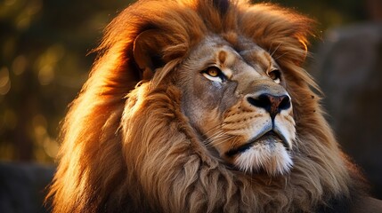 Closeup portrait of a beautiful lion face looking up. Wildlife image of a lion with a big mane looking upwards. Image of a  big furry lion.