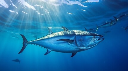 Fototapeta premium Underwater shot of a big tuna fish swimming and looking forward. Wildlife side view image of a huge tuna fish underwater. Underwater closeup of a tuna swimming looking forward.