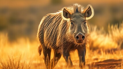 Closeup image of a warthog in the savannah. Wildlife image of warthog in a dry grassland. Portrait of a warthog in the wild.