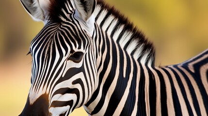 Fototapeta na wymiar Closeup image of a zebra in the savannah. Portrait of zebra in the wild. Wildlife image of a zebra standing on a blurred background.