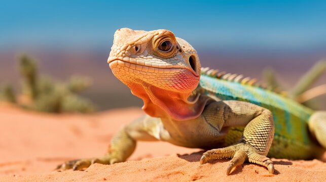 Closeup image of a lizard in a desert. Wildlife image of a colorful lizard . Portrait of a beautiful lizard crawling through sand. Profile portrait of a desert lizard moving forward.