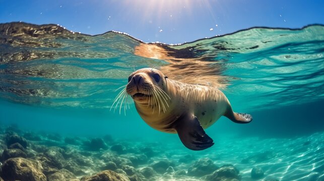 Underwater shot of a seal swimming and looking forward. Wildlife image of a sea lion underwater. Underwater closeup of a seal swimming looking to the side.