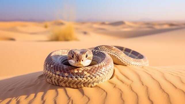 Closeup image of a snake in a desert. Wildlife image of a sand snake . Portrait of a snake crawling through sand. Beautiful desert snake moving forward.