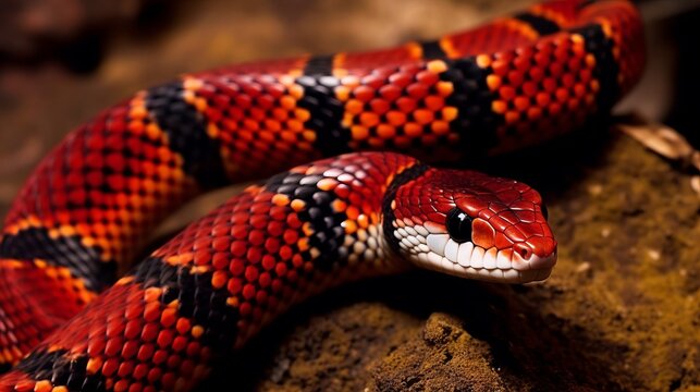 Closeup image of a Scarlet King Snake. Wildlife image of a striped red snake. Portrait of a beautiful red snake with a pattern crawling through a forest. Snake looking to the side.