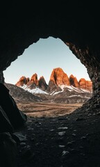Sunlit Peaks Through Cave Entrance in Rugged Terrain