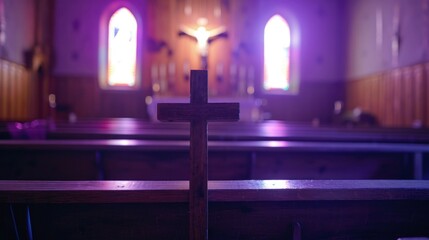 purple light Wooden Cross on Empty Pew for Ash Wednesday. Ash cross on an empty pew, symbolizing Ash Wednesday, simple wooden church interior, somber and introspective mood. - obrazy, fototapety, plakaty